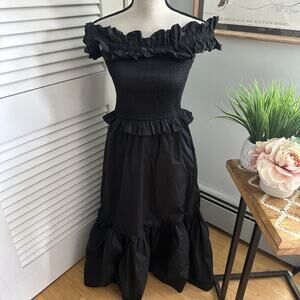 CAROLINE CONSTAS Dress Womens Medium Black Ruffle Smocked Maxi Classic Feminine